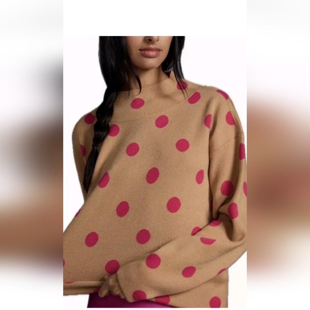 MAEVE by Anthropologie Carys Mock Neck Sweater Sz S in Camel Hot Pink Polka Dot
